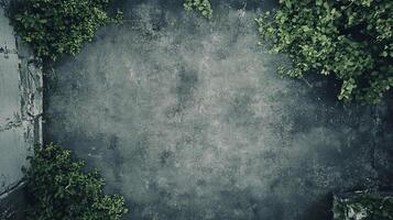 Concrete corner featuring vine plant. Gray and blue background with vines. Overgrown with green vines. Vines are on each side of the image. photo
