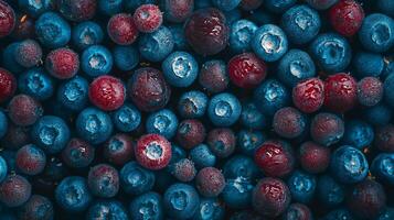 A vibrant array of fresh blueberries and cranberries creates a visually appealing and healthy display, showcasing nature's colorful bounty. photo