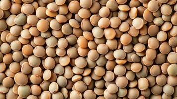 High-angle, close-up shot displaying a dense pile of raw, dry lentils with a smooth, disc-like shape and beige to light brown color. photo