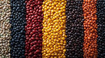 Colorful lentils create a vibrant pattern. The legumes are displayed in a linear arrangement with a close-up shot emphasizing their textures. photo