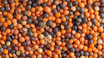 An overhead shot captures a colorful assortment of lentils in shades of orange, brown, and beige, creating a vibrant textured pattern. photo