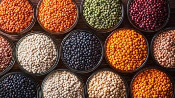 Array of lentils arranged by color variety showcases natural food diversity and healthy eating habits. Colorful display of food. photo