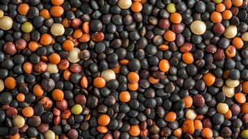 Assorted lentils create a textured, colorful background. A nutritious collection of legumes perfect for soups, stews and side dishes. photo