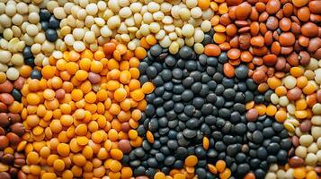 A colorful assortment of lentils, showcasing different varieties in a vibrant mosaic pattern. Ideal for healthy eating visuals. photo