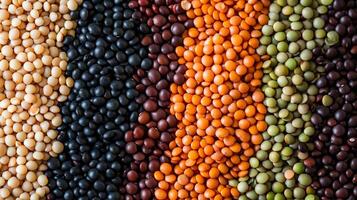 A colorful assortment of lentils and beans, each row a different variety, creating a textured, vibrant display of natural food. photo