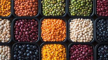 Assortment of colorful dried beans, lentils, and legumes displayed in black containers, viewed from overhead creating geometric patterns. photo