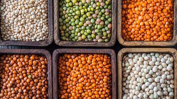 A colorful assortment of different lentils displayed in wooden containers. Perfect for healthy recipes and visual appeal. photo