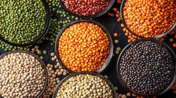 Variety of lentils in bowls displayed in a overhead shot. Legumes in diverse colors and textures provide an appetizing presentation. photo