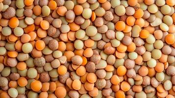 A colorful assortment of lentils in shades of orange, brown, and green, forms a visually appealing and nutritious composition. photo