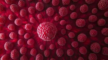 A detailed rendering of Raspberry or similar textured spheres with red background. Looks like a virus illustration or 3D rendering. photo