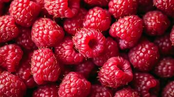A vibrant collection of fresh, ruby-red raspberries, bursting with juice and summer flavor, perfect for healthy snacking and desserts. photo
