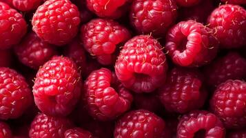 Macro shot captures the vibrant textures of a pile of fresh raspberries, showcasing their bright red color and inviting appearance. photo