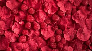 A captivating composition of red rose petals and raspberries, creating a vibrant and delightful visual harmony that excites the senses. photo