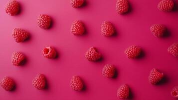 A vibrant array of raspberries is scattered across a saturated pink backdrop, creating a visually striking pattern and design element. photo