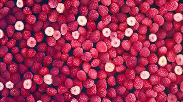 Overhead view of vibrant red raspberries creates a textured and colorful pattern, perfect for backgrounds, prints, or food photography. photo