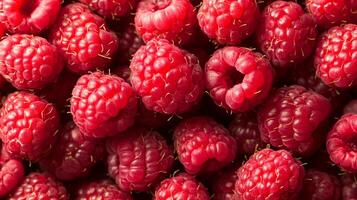 A vibrant pile of raspberries, their bright red color and delicate texture create a visually appealing and delicious scene. photo