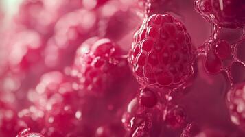 Macro shot showcasing the intricate texture and vibrant color of ripe raspberries, highlighting their juicy and fresh appearance. photo