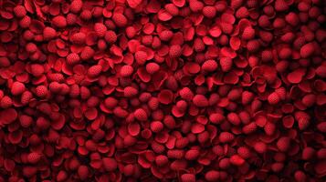 A sea of red. Raspberries and petals create a striking vibrant, organic pattern. A beautiful, edible red surface, perfect for abstract art. photo