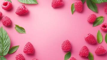 Vibrant raspberries and green leaves arranged on a pink background, creating a fresh and inviting presentation. Copy space in center. photo