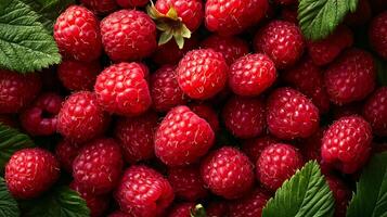 Abundant, vibrant raspberries are clustered together, their bright red color and textured surfaces create a visually appealing fruit display. photo