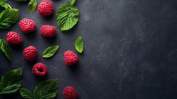 A flat lay of fresh raspberries and leaves on a dark textured background creates a visually appealing and organic composition with high contrast. photo