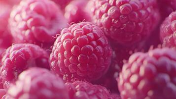 Vibrant raspberries close-up. The intricate texture and rich color create an appetizing and refreshing visual experience. photo