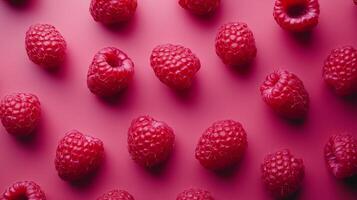 An appealing arrangement showcases the vibrant redness of several raspberries against a matching red backdrop, creating a cohesive aesthetic. photo