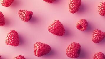 Scattered raspberries against a solid pink backdrop create a simple, yet attractive pattern. Sweet, fruity, and visually appealing. photo