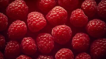 A vibrant close-up showcasing the plump texture and rich red color of fresh raspberries, creating a visually appealing and appetizing display. photo