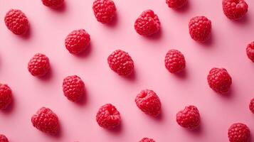 Vibrant raspberries are scattered on a pale pink background, creating an appealing pattern of shapes and colors perfect for summer themes. photo