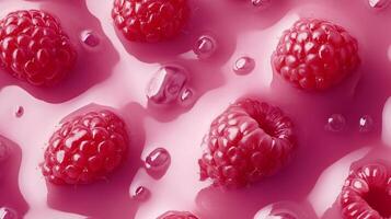 Vibrant raspberries nestled in smooth, pink cream. A visually appetizing image of the delicious, fresh fruit submerged in liquid. photo