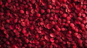 A vibrant display of fresh raspberries and rose petals create a visually stunning pattern, perfect for health or romantic themed visuals. photo