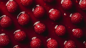 Vibrant raspberries suspended in a glossy, deep red liquid create a visually appealing and delicious background or texture image. photo