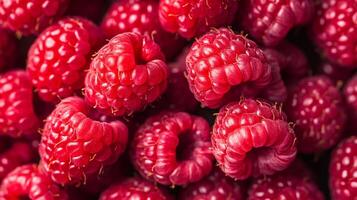 Macro shot capturing the vibrant texture of fresh raspberries, highlighting their juicy red segments and delicate structure. photo