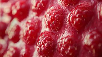 Macro view showcases the vibrant red hue and textured surface of a delicious berry, highlighting its freshness and intricate details. photo