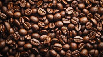 Roasted coffee beans display rich color and texture, offering an energizing aroma and inviting warmth to the morning routine. photo