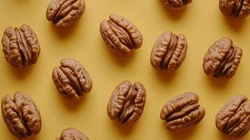 Pecans scattered on a warm golden background, showcasing their textured shells. The natural light highlights the unique ridges of the pecan halves. photo