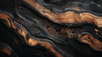 Abstract wood grain texture featuring wavy patterns and a rich contrast between dark and light tones, creating a striking visual effect. photo