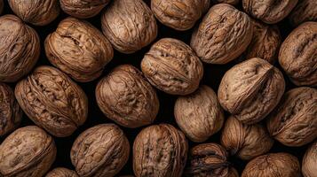 Pile of walnuts creating a captivating pattern with their textured shells and warm earthy tones against a dark backdrop. photo