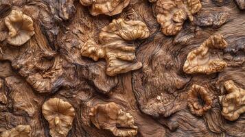 Textured wood surface showcasing intricate grain patterns interspersed with dried mushroom caps, creating a natural, organic collage effect. photo