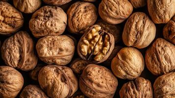 Walnuts in their shells and shelled for display of the walnut kernel. Whole and shelled walnuts, close up and overhead. photo