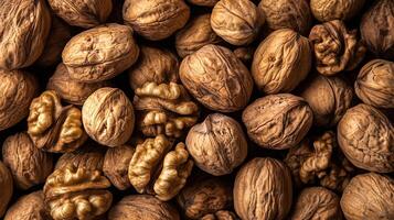 Abundant walnuts create a beautiful background. The texture shows the walnut. A pile of fresh nuts, great for snacks and cooking. photo
