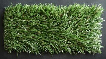 Artificial turf patch showing a green and tan combination, laid out on a black surface. A neat and clean flooring alternative. photo