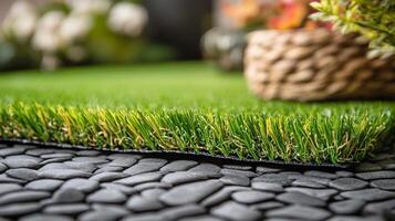 Artificial turf and decorative stones create a low-maintenance outdoor space with a green lawn and textured ground cover. photo