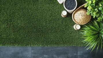Elevated view of turfgrass adorned with serene decorative elements, creating a tranquil and aesthetically pleasing setting. photo