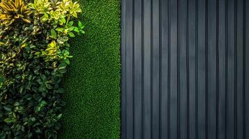 A visually striking image showcasing a seamless blend of nature and design with vibrant greenery and a sleek, dark wooden panel. photo