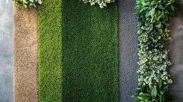 Varied textures and colors showcase a modern indoor living wall with moss, foliage, and artificial turf elements in a design setting. photo