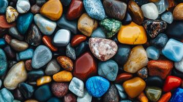 Colorful polished stones, close-up view showcasing a smooth, glossy surface texture and vibrant colors. Great visual for backgrounds. photo