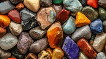 A colorful and varied collection of polished stones and rocks, showcasing a range of textures, patterns, and colors in an arrangement. photo
