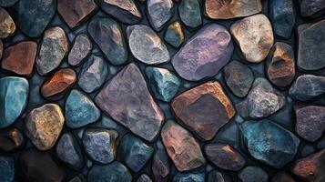 An artistic rendering of a stone wall showcases a diverse collection of rocks, each exhibiting unique textures and shades of color. photo
